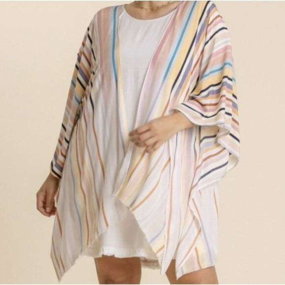 Umgee Plus Size Boho Multi Color  Stripe Raw Hem Kimono 1X-2X NWT - Picture 1 of 4